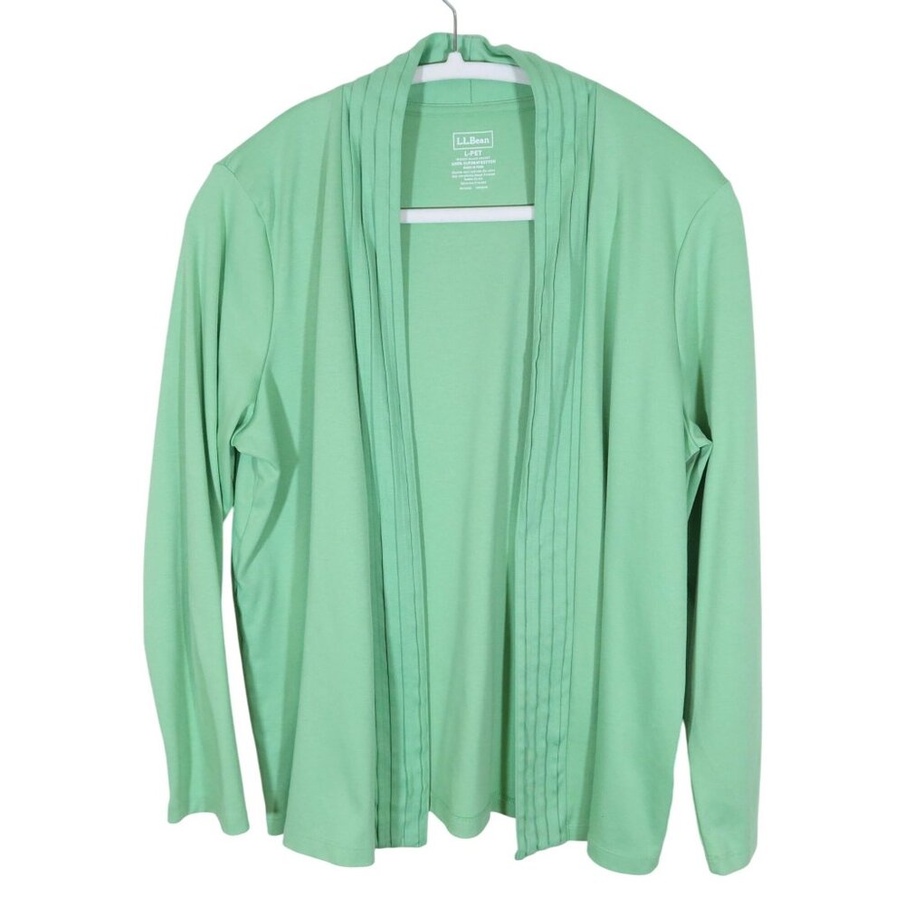 LL BEAN Supima Cotton Open Front Pintuck Neckline Jersey Knit Cardigan Size Lp